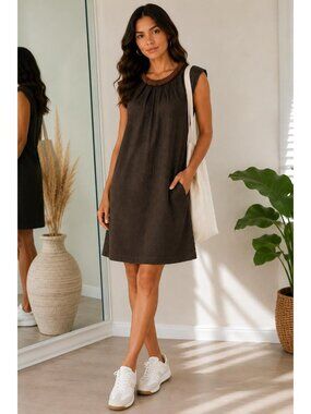 Etcetera Womens Size 2 Brown 100% Silk Sheath Dress Beaded Neck Pockets